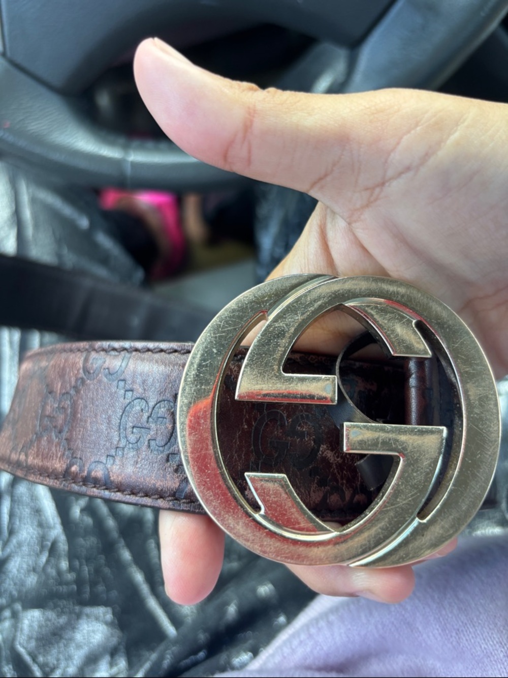 Gucci Brown Leather GG Monogram Belt with Gold Double G Buckle